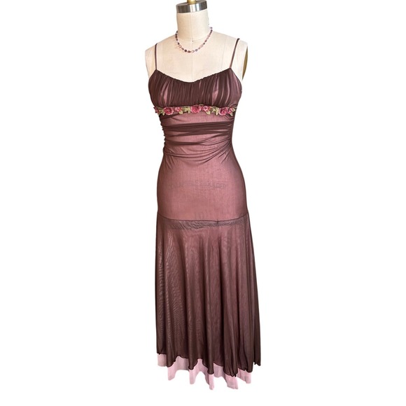 Dresses & Skirts - Y2K CityTriangles Embroidered Ruched Mesh Mermaid Maxi Dress S Brown Pink